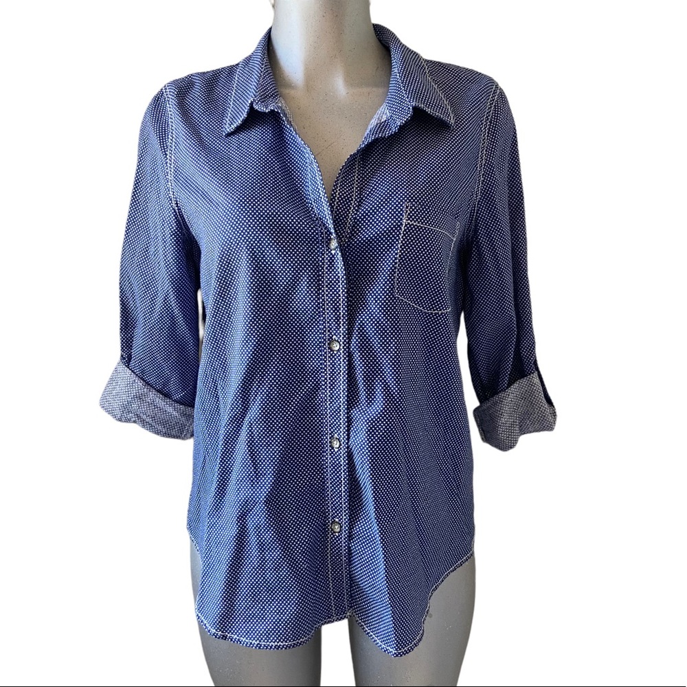 DKNY Shirt Chambray Linen/Cotton Long Sleeve Star Print Vacation Coastal Large